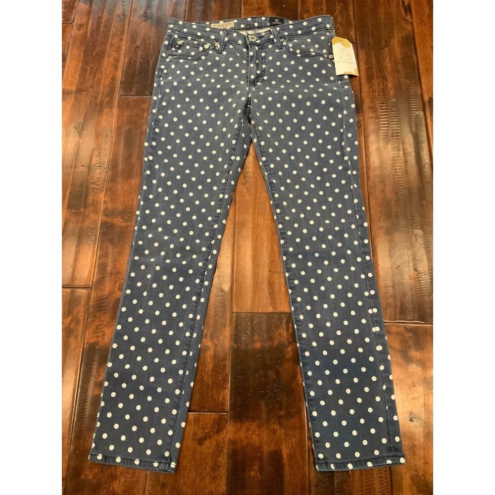 Adriano Goldschmied Blue W/Polka Dots “The Stevie Slim Strght Leg" Jeans, Sz 26
